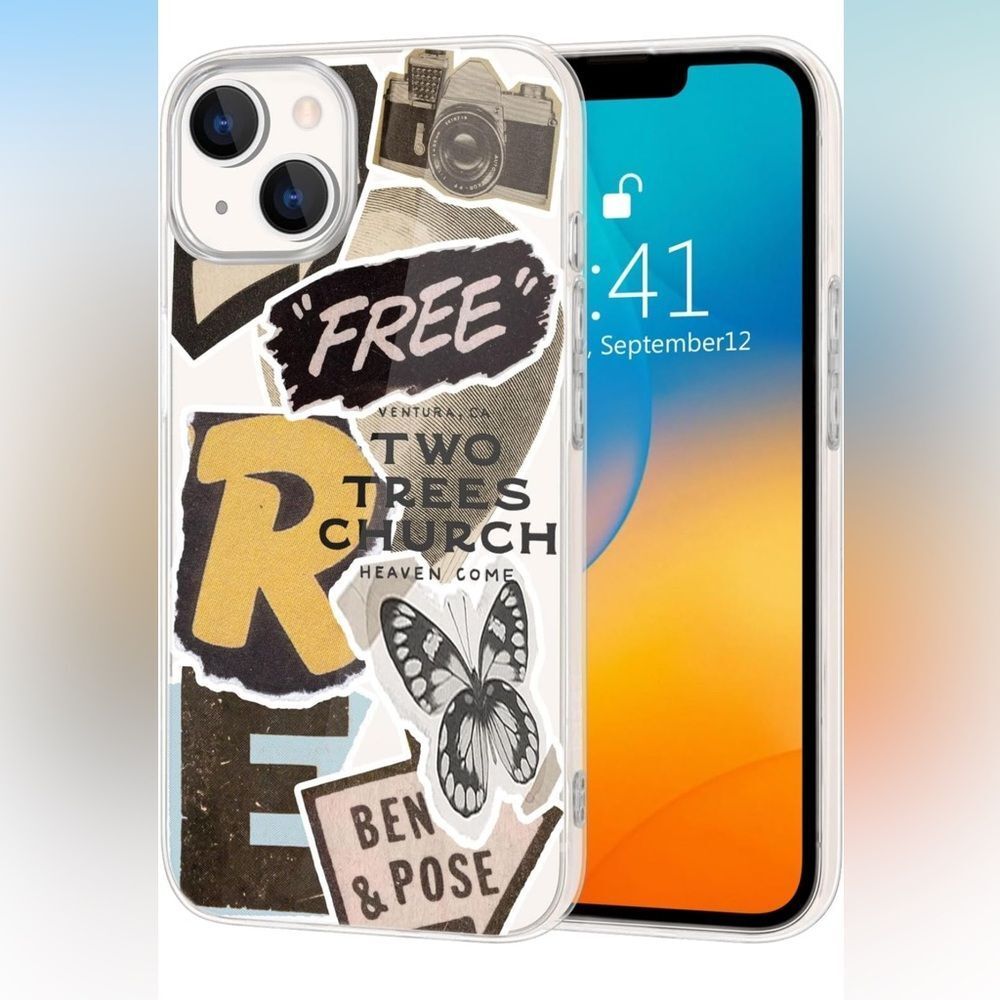 Retro Butterfly Pattern Phone Clear Case for iPhone 15 Plus Shockproof